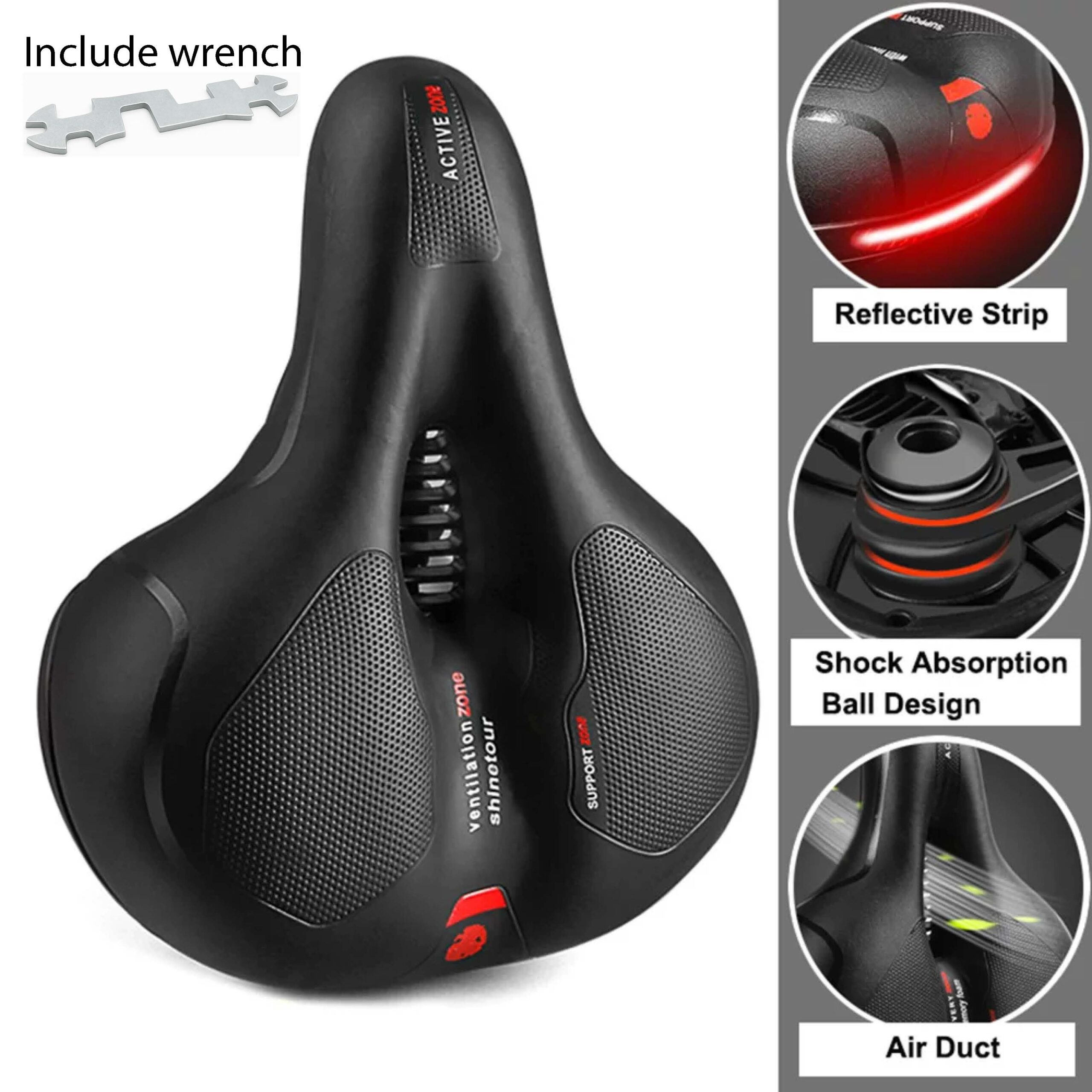 Mobi Ebike Wide Gel Bicycle Seat | Comfortable Memory Foam Cushion | Shock Absorption Ball | Reflective Safety Strip | Universal Pole Clamp | Air Ventilation Duct | Soft Elastic Sponge | Anti-Slip Honeycomb | MTB Road Folding Bike Saddle | Free Wrench