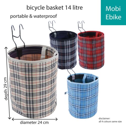 Bicycle Basket 14 litre | Portable Waterproof Plaid Fabric Bike Bag | Quick Release Front Rear Cycle