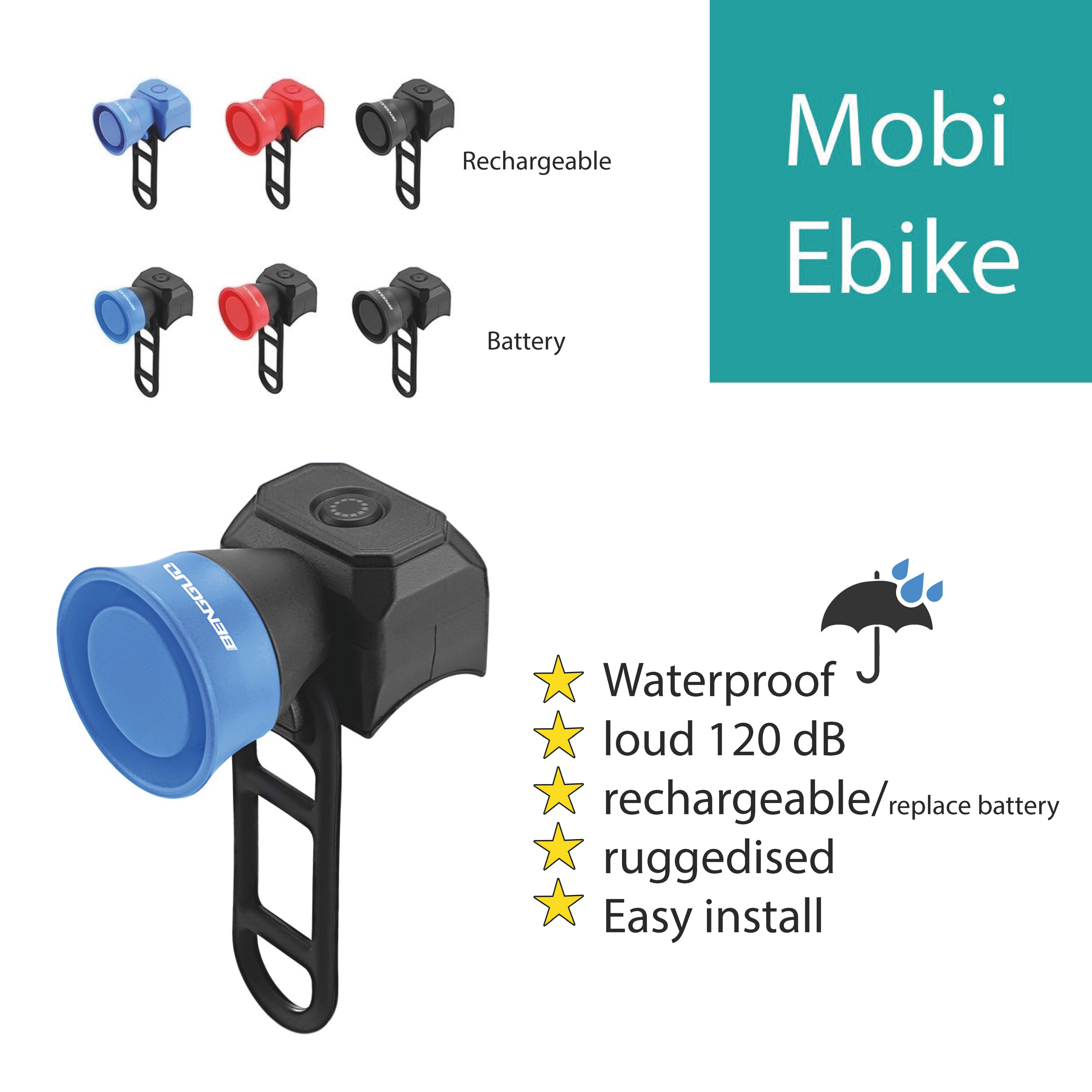 Mobi Electric Bicycle Horn | Loud Waterproof Ebike Bike Bell | USB type-c Rechargeable Accessory