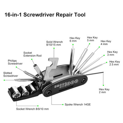 16 in 1 Multi-Functional Bicycle Tools Repair Kit Screwdriver wrench Spanner Allen key Tyre patch - Image 4