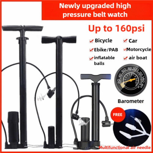 Portable High-Pressure Bike Pump with Barometer, 160 PSI, Durable Stainless Steel Hose, Easy-to-Use Handheld Air Pump for Bicycles, E-Bikes, Motorbikes, Boats