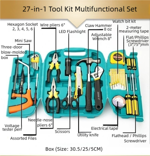 Tool box kit 27 in 1 Multifunctional Household Tool Kit Set with watch repair bit kit voltage tester
