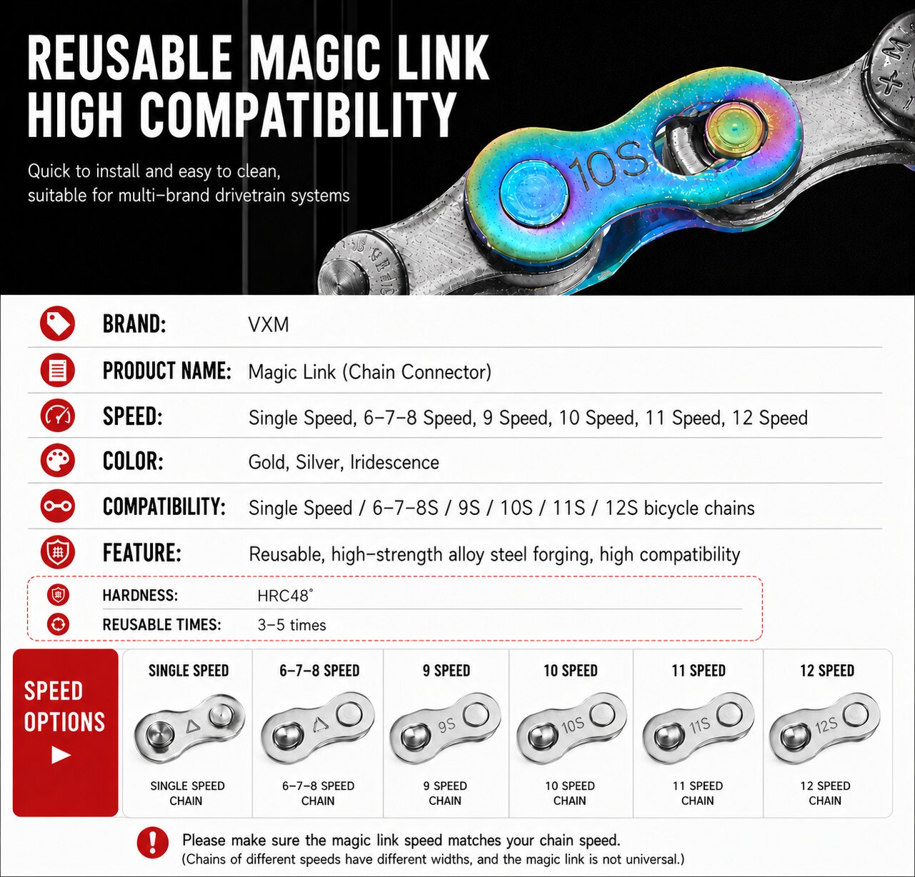 Bicycle Chain Quick Link Magic Connector Reusable Master Link Single Speed 6/7/8/9/10/11/12 Speed - Image 2