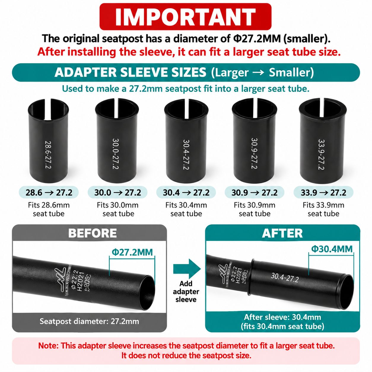 Bicycle Seatpost Seat Pole Shim Adapter Sleeve Seat Tube Reducer Converter for Bikes - Image 2