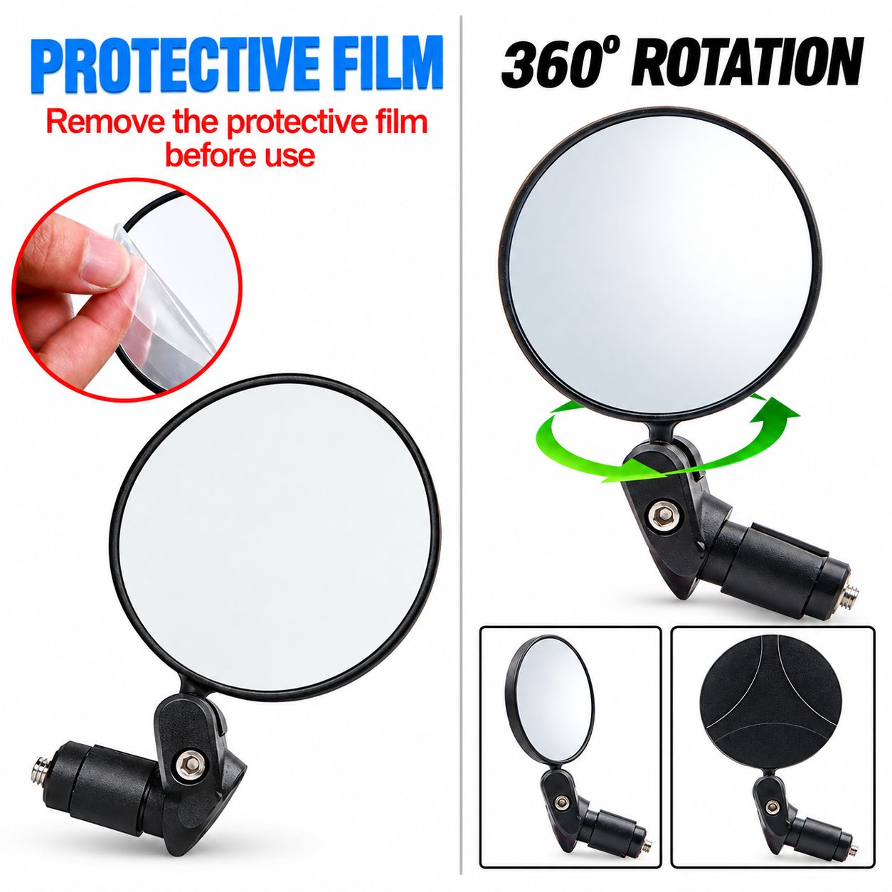 Bicycle Bar End Rear View Mirrors Pair 360° Adjustable Slight Convex Flat Mirrors Ebike Escooter PAB - Image 3