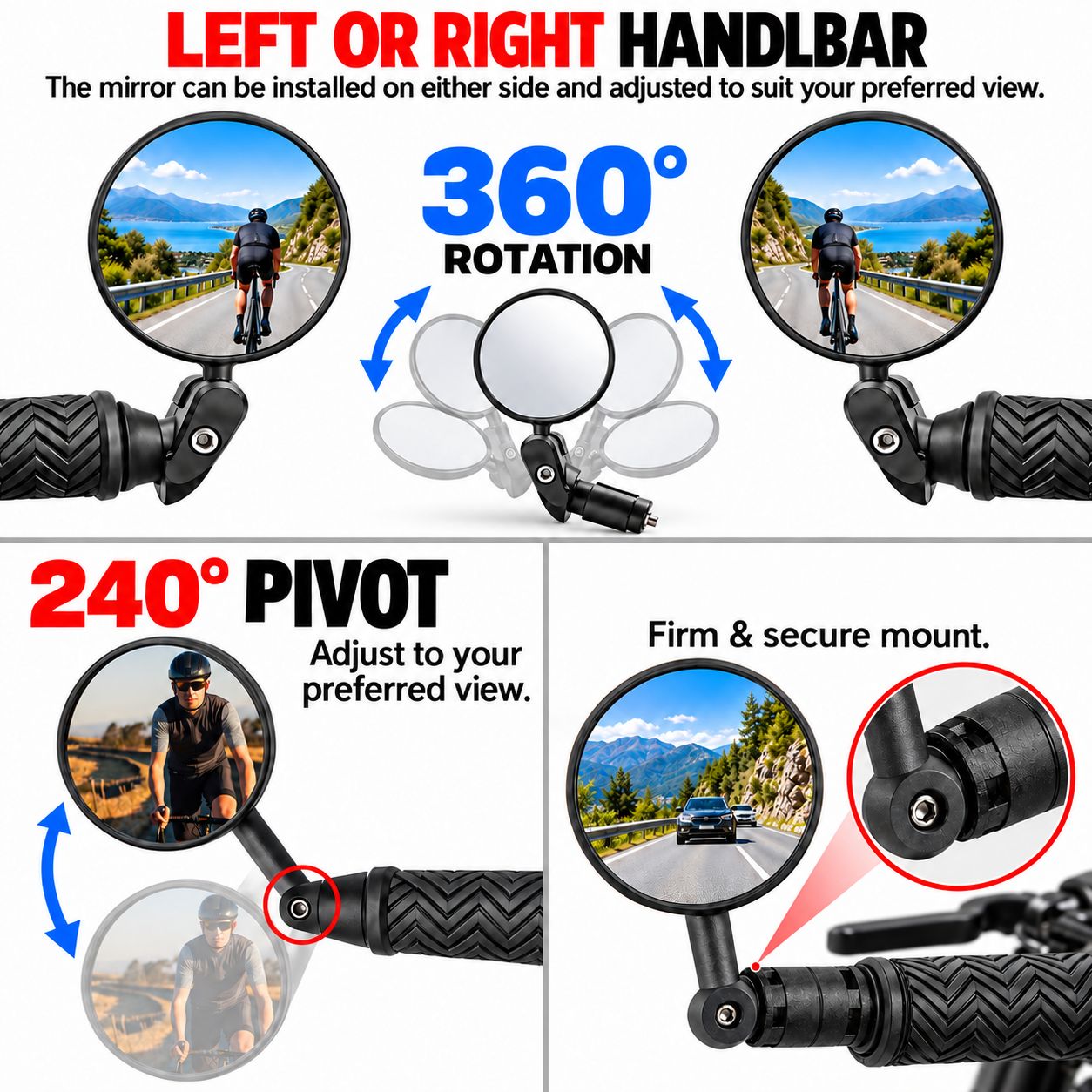 Bicycle Bar End Rear View Mirrors Pair 360° Adjustable Slight Convex Flat Mirrors Ebike Escooter PAB - Image 10
