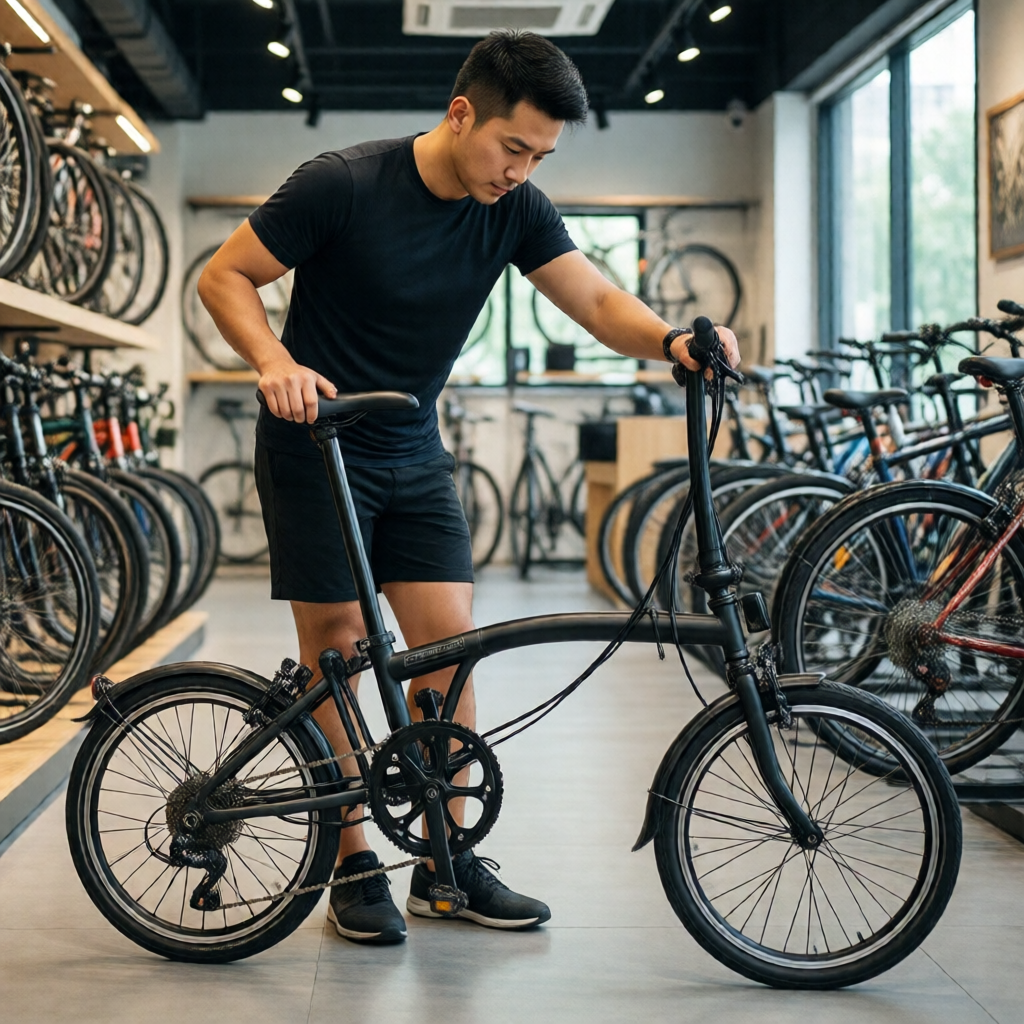 Short rider choosing a comfortable foldable bicycle in Singapore