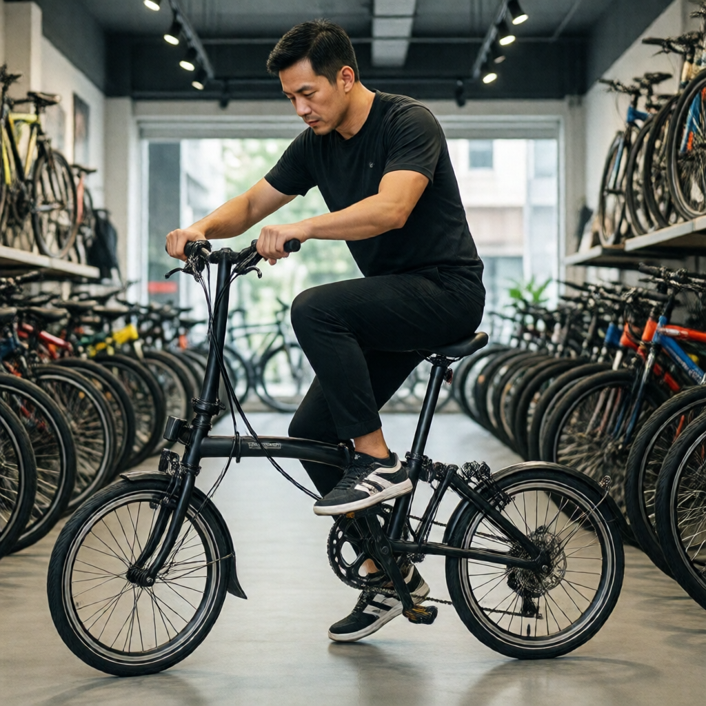 Tall rider choosing a comfortable foldable bicycle in Singapore