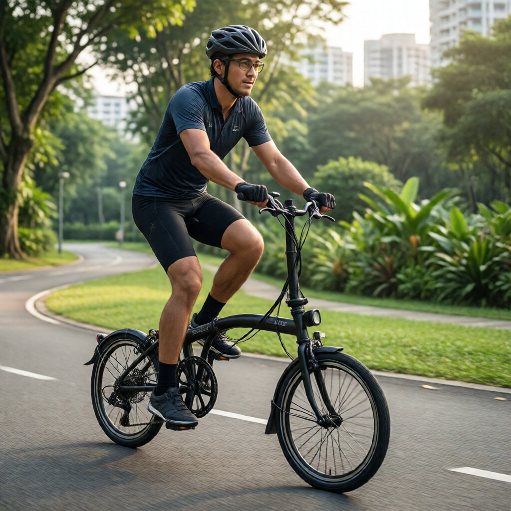 Cyclist riding a foldable bicycle on a long-distance route in Singapore